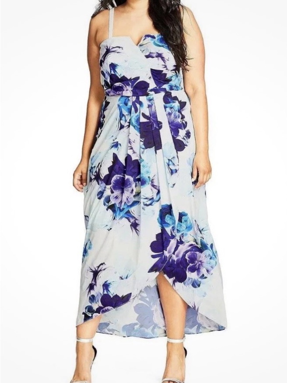 City Chic Floral High-Low Spaghetti Strap Dress in Light Blue and Purple